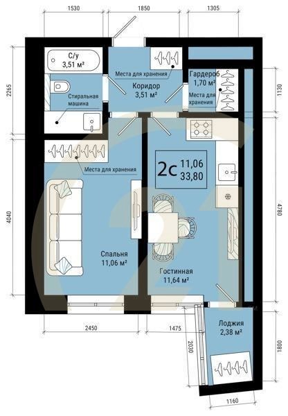 2-комн, 33.8 м², 23 этаж