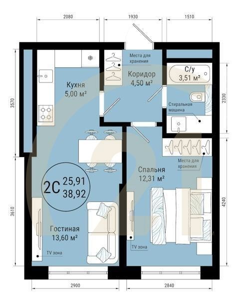 2-комн, 38.92 м², 17-25 этаж