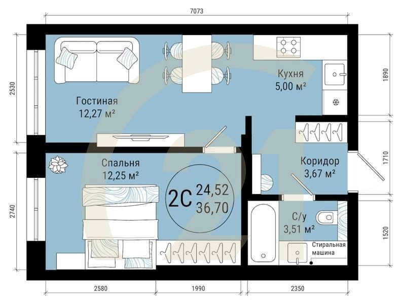 2-комн, 36.7 м², 15-25 этаж