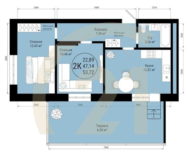 2-комн, 53.72 м², 7 этаж