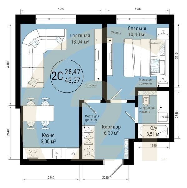 2-комн, 43.37 м², 16-25 этаж