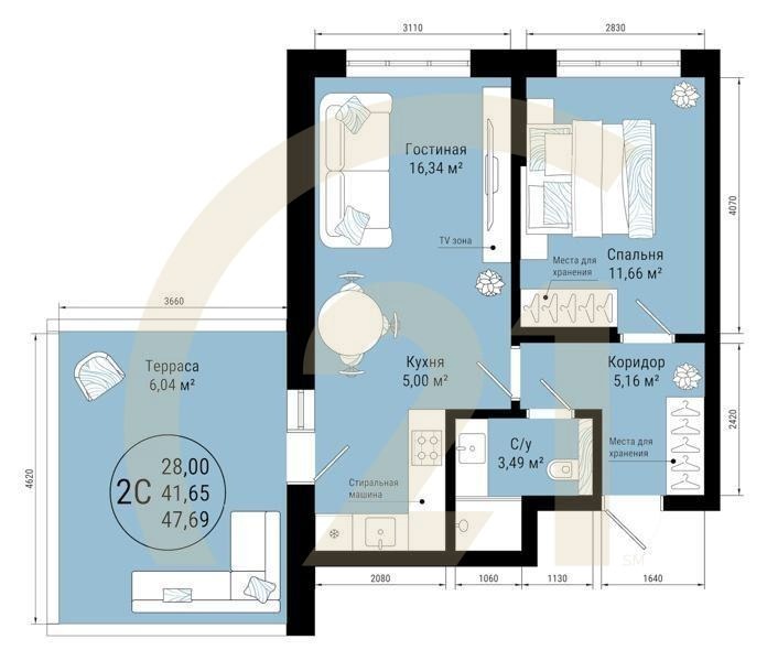 2-комн, 47.69 м², 2 этаж