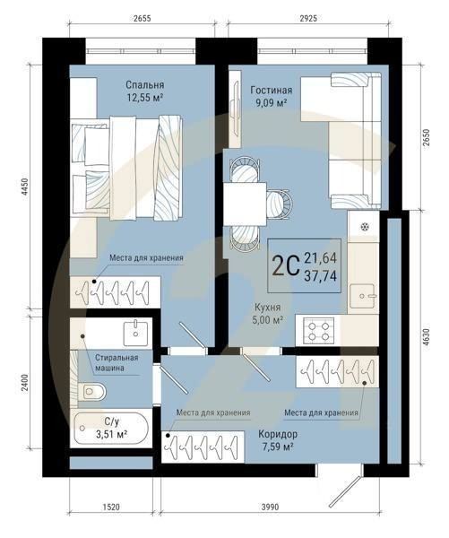2-комн, 37.74 м², 20-25 этаж