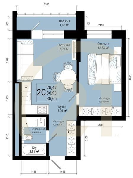 2-комн, 38.66 м², 19-24 этаж