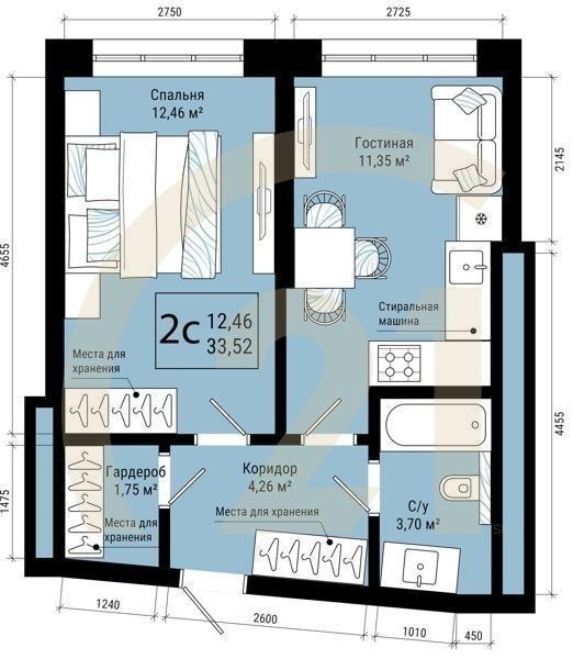 2-комн, 33.52 м², 23 этаж