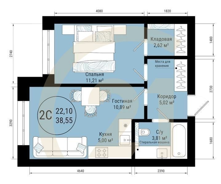 2-комн, 38.55 м², 2-5 этаж