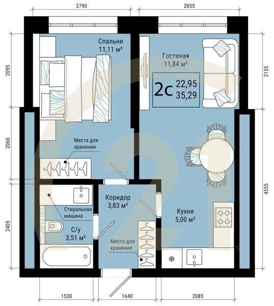 2-комн, 35.29 м², 23 этаж
