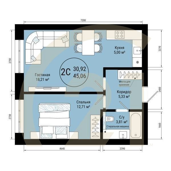 2-комн, 45.06 м², 4-5 этаж