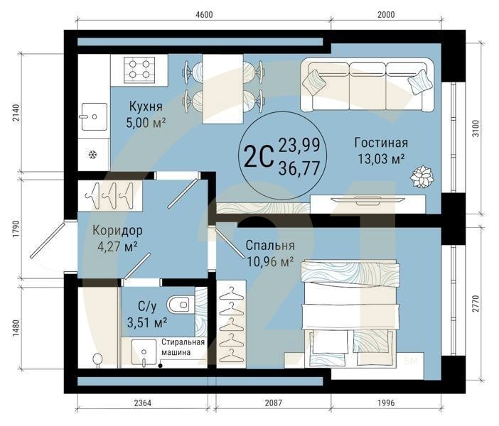 2-комн, 36.77 м², 13-25 этаж