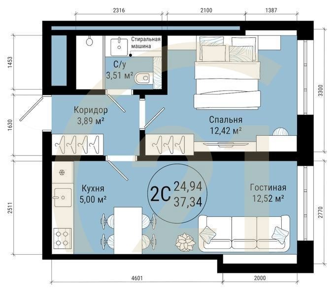 2-комн, 37.34 м², 12-25 этаж