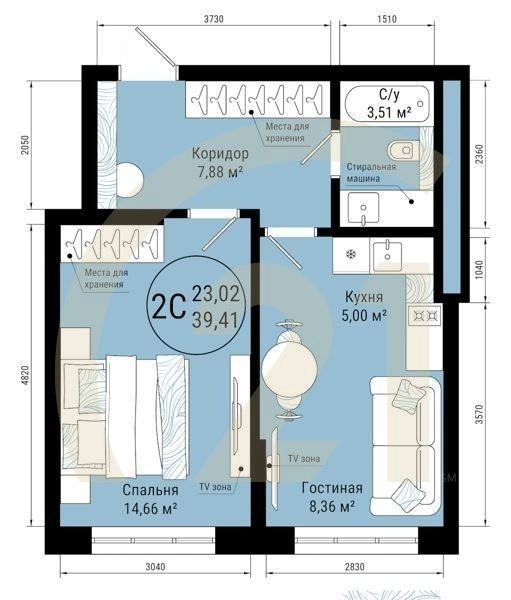 2-комн, 39.41 м², 19-25 этаж