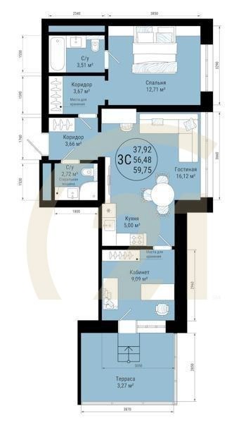 3-комн, 59.75 м², 7 этаж