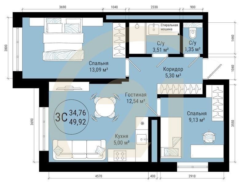 3-комн, 49.92 м², 12-25 этаж