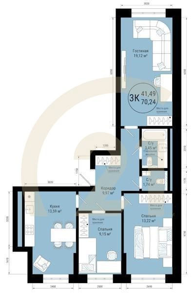 3-комн, 70.24 м², 20 этаж