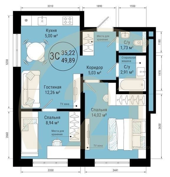 3-комн, 49.89 м², 22 этаж