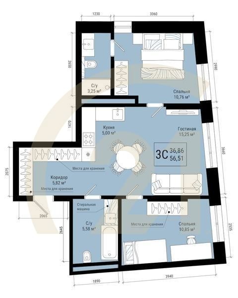 3-комн, 56.51 м², 1-25 этаж