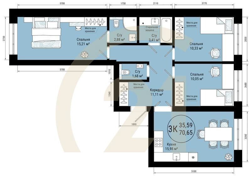 3-комн, 70.65 м², 3 этаж