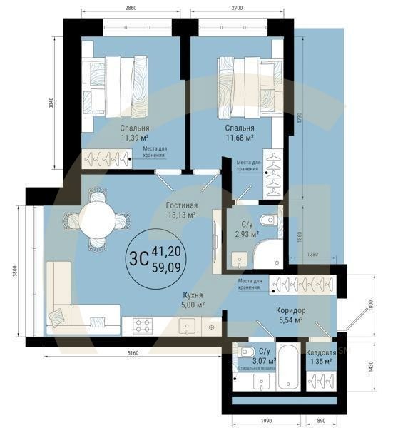 3-комн, 59.09 м², 11-18 этаж