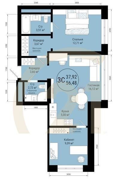 3-комн, 56.48 м², 19 этаж