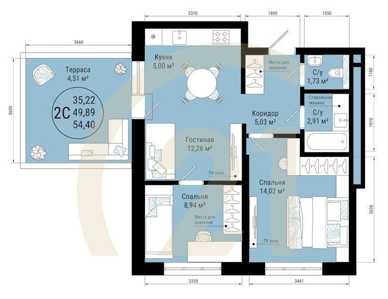 2-комн, 54.4 м², 2 этаж