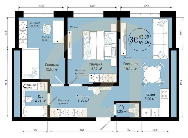 3-комн, 62.45 м², 17-25 этаж
