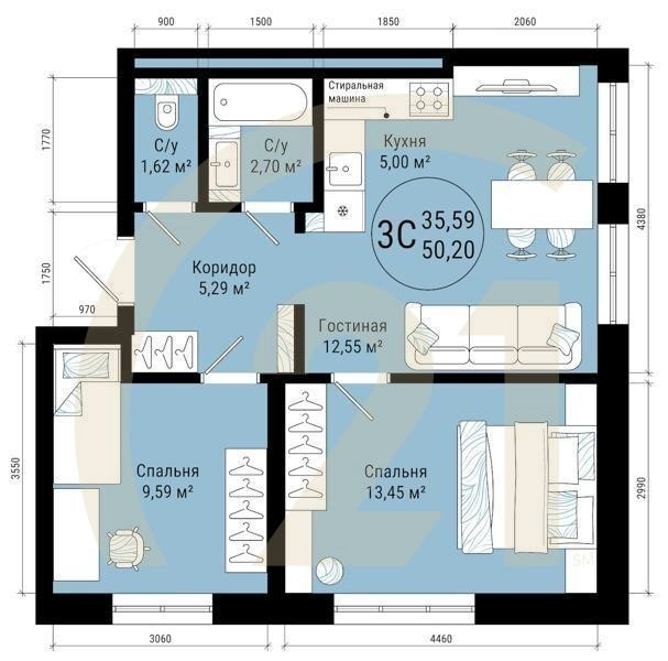 3-комн, 50.2 м², 7-25 этаж