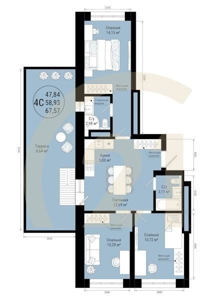 4-комн, 67.57 м², 22 этаж