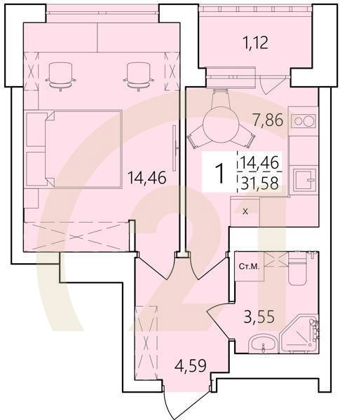 1-комн, 31.58 м², 24-25 этаж