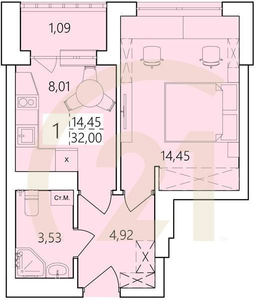 1-комн, 32 м², 25 этаж