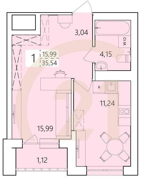 1-комн, 35.54 м², 1 этаж