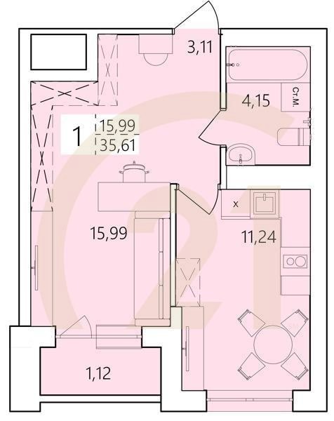 1-комн, 35.61 м², 4-25 этаж