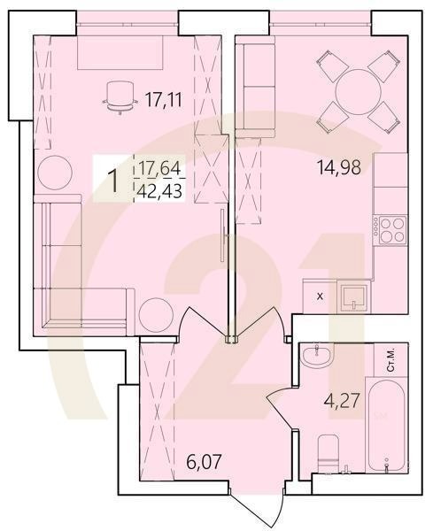 1-комн, 42.43 м², 1-25 этаж
