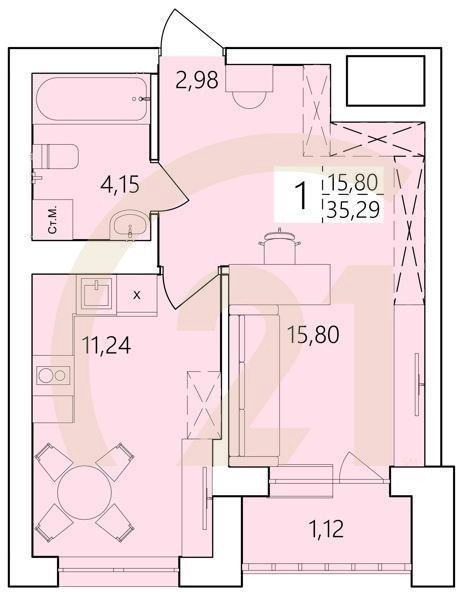 1-комн, 35.29 м², 1-25 этаж