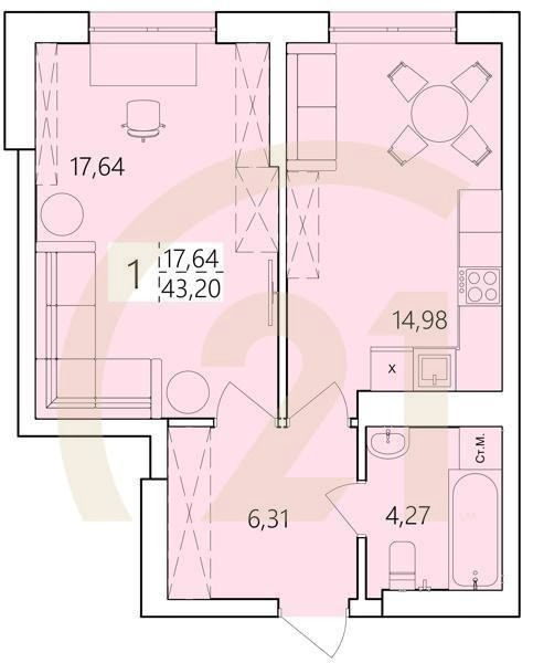 1-комн, 43.2 м², 1 этаж