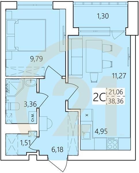 2-комн, 38.36 м², 2-25 этаж