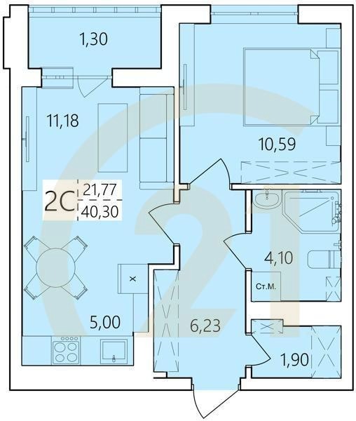 2-комн, 40.3 м², 9-25 этаж