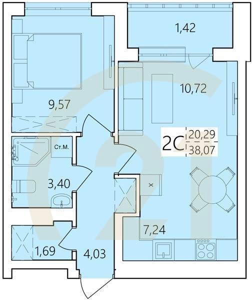 2-комн, 38.07 м², 2-25 этаж