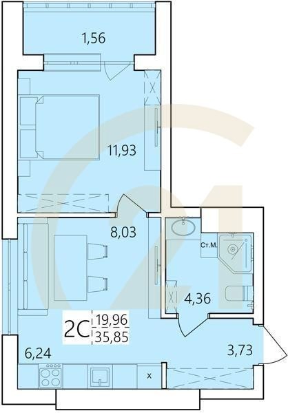 2-комн, 35.85 м², 8-25 этаж