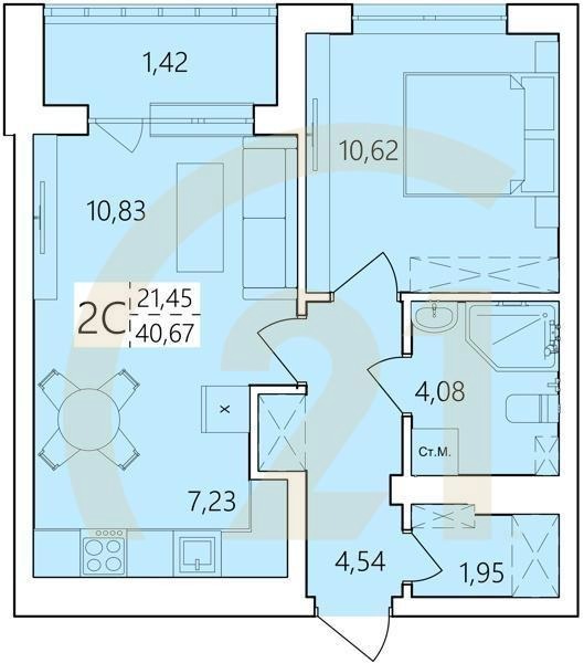 2-комн, 40.67 м², 11-25 этаж