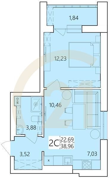 2-комн, 38.96 м², 1-25 этаж