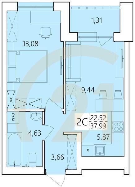 2-комн, 37.99 м², 1-25 этаж