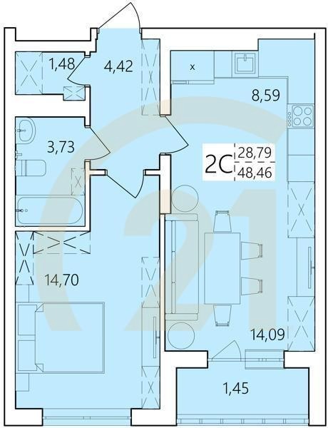 2-комн, 48.46 м², 8-25 этаж