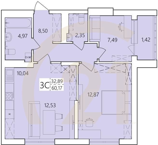 3-комн, 60.17 м², 8-25 этаж