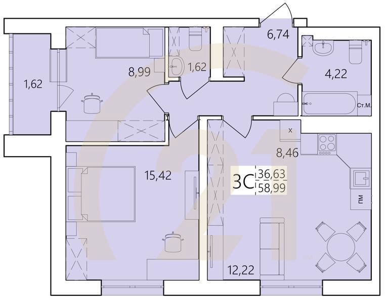 3-комн, 58.99 м², 3-25 этаж