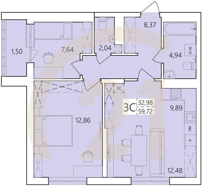 3-комн, 59.72 м², 8-25 этаж