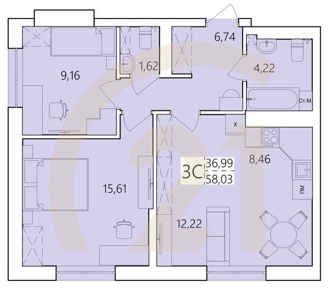 3-комн, 58.03 м², 1 этаж