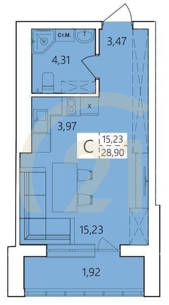 Студия, 28.9 м², 2-25 этаж