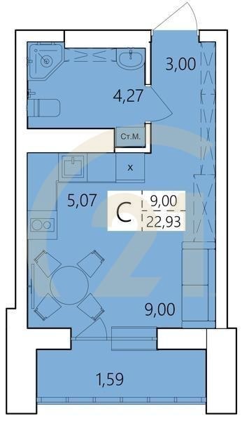 Студия, 22.93 м², 1-25 этаж