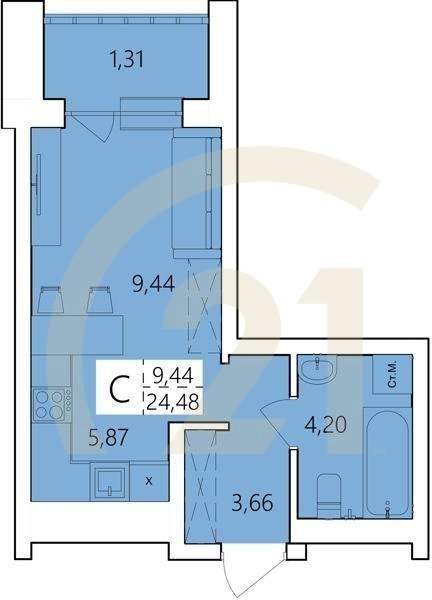 Студия, 24.48 м², 1 этаж