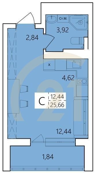 Студия, 25.66 м², 10-25 этаж